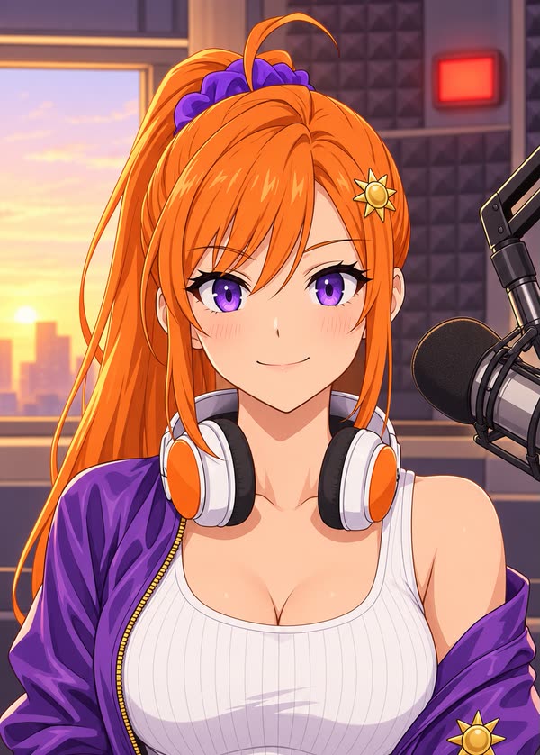 May Day's card art: an anime woman with a long orange ponytail, violet eyes and a purple scrunchie, smiling in a radio booth with headphones around her neck.